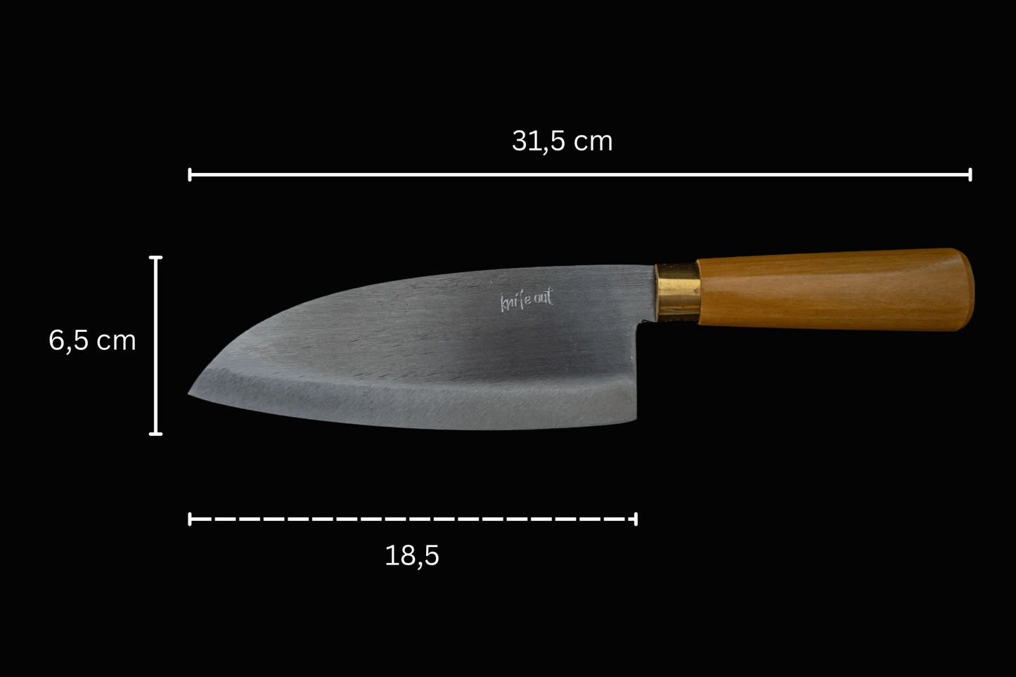 Chikara japanese carbon steel kitchen knife in light wood knife out