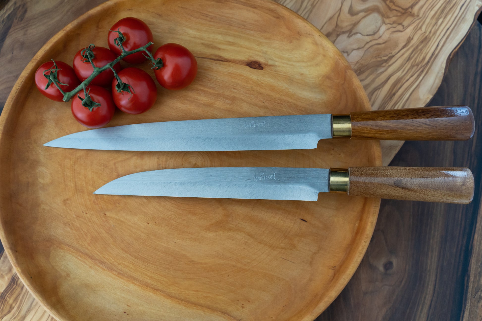 Kikubari japanese style carbon steel knife small and medium brown set